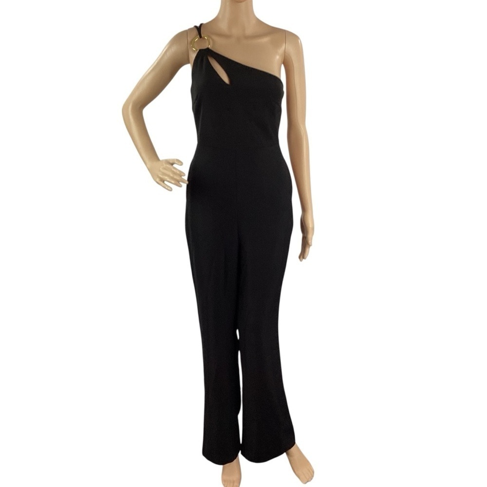 Line & Dot Vaughn One Shoulder Black Jumpsuit Ring Detail Size XS